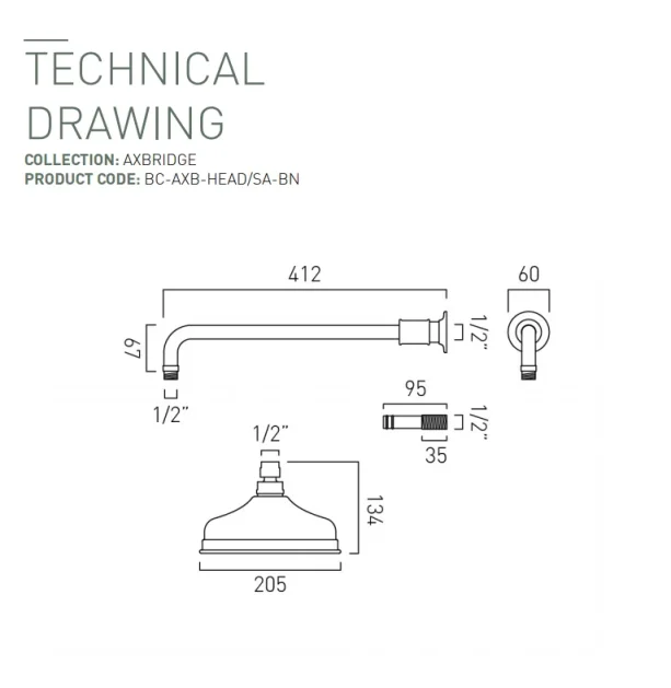 Booth & Co. 200mm Shower Head And Arm Bright Nickel & N/a technical drawing - Image 2