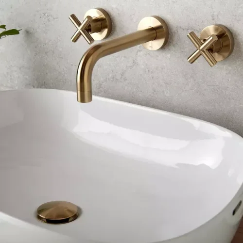 Vado Individual Elements 3 Hole Wall Mounted Basin Mixer With 200mm Spout Brushed Gold detail view - Image 2