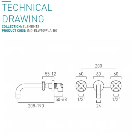 Vado Individual Elements 3 Hole Wall Mounted Basin Mixer With 200mm Spout Brushed Gold technical drawing - Image 4