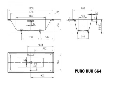 Kaldewei Puro Duo Bath 1800 X 800mm No Tap Hole (excl. Feet) technical drawing - Image 4