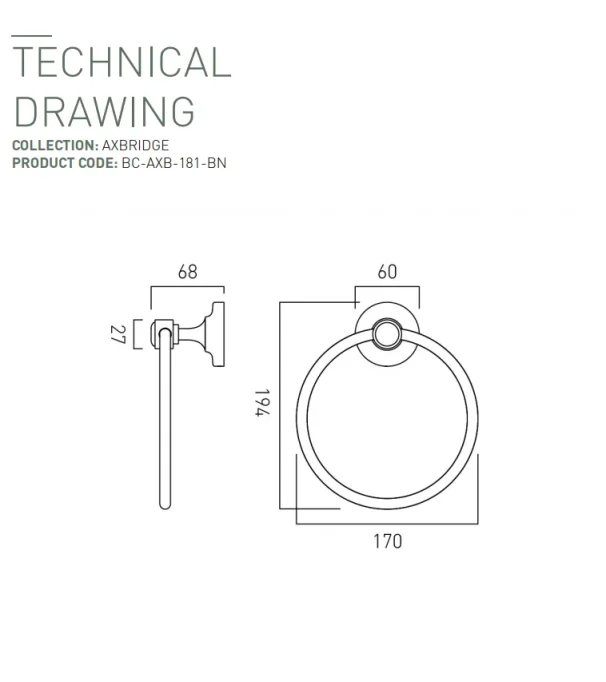Booth & Co. Towel Ring Bright Nickel & Crackled White technical drawing - Image 2