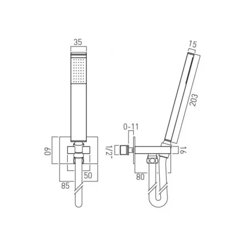 Vado Instinct Single Function Mini Shower Kit With 150cm Shower Hose And Bracket With Integrated Outlet Chrome technical drawing - Image 3