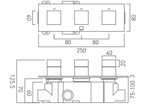 Vado Tablet Notion 2 Outlet 3 Handle Concealed Thermostatic Valve Horizontal Chrome technical drawing - Image 2