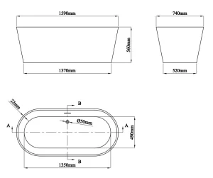 Eastbrook Lambeth Freestanding Bath 1590x740x560mm Inc Waste White technical drawing - Image 2