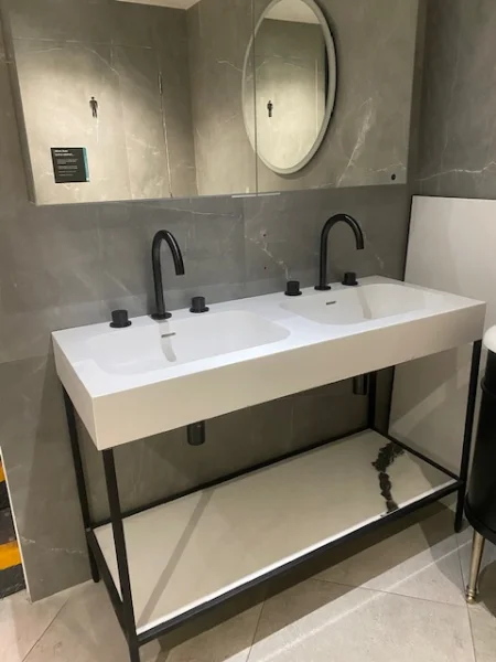 Feaber Silkstone Pearl 1200mm Double Basin Matt / Ava - 3 Hole Deck Mounted Basin Mixer Without Flanges & Black Basin Stand W/ 3 Shelf Options - Ex Display