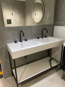 Feaber Silkstone Pearl 1200mm Double Basin Matt / Ava - 3 Hole Deck Mounted Basin Mixer Without Flanges & Black Basin Stand W/ 3 Shelf Options - Ex Display