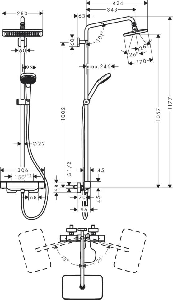Hansgrohe Croma E 280 1jet Shp Th Shower Chrome Chrome detail view - Image 2