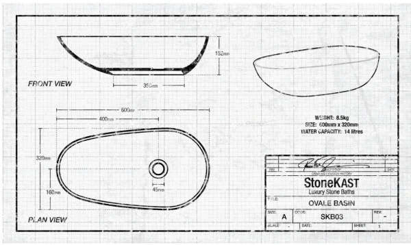 StoneKAST Ovale Sit On Basin Matt White 600x320mm technical drawing - Image 2