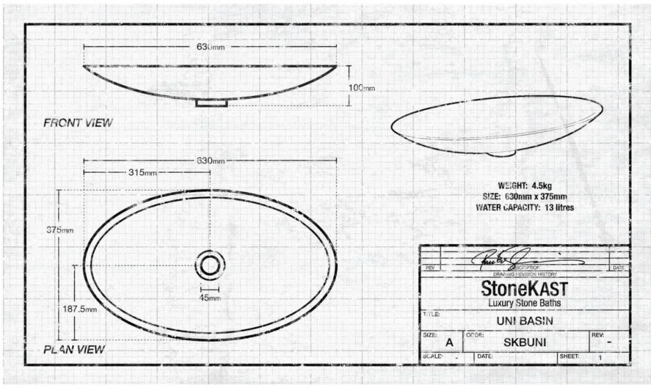 Stonekast Uni Countertop Basin Gloss Black 630x375mm technical drawing - Image 2