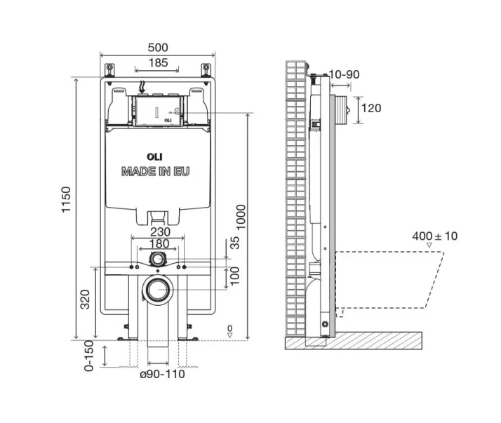 Oli Oli74 Plus S90 Pneumatic Concealed Cistern & Frame RT technical drawing - Image 2