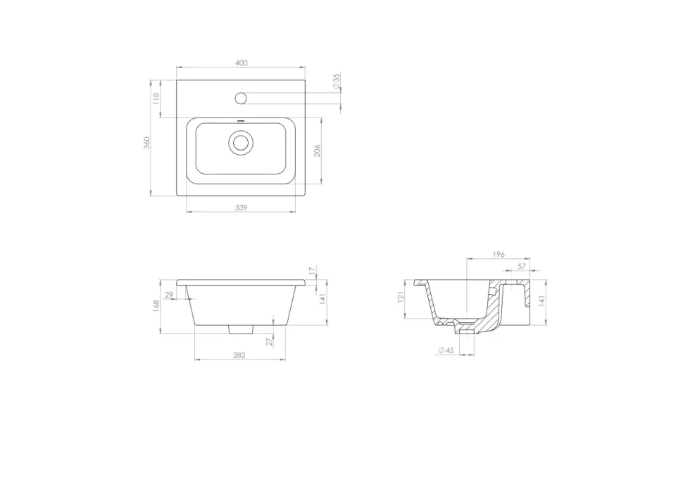 Saneux Uni 40x36cm Washbasin 1th technical drawing - Image 2