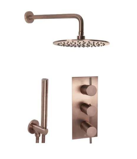 Just Taps Vos 2 Outlet Shower Valve, Arm 400mm, Overhead Shower 200mm, Round Water Outlet - Brushed Bronze product image - Image 1