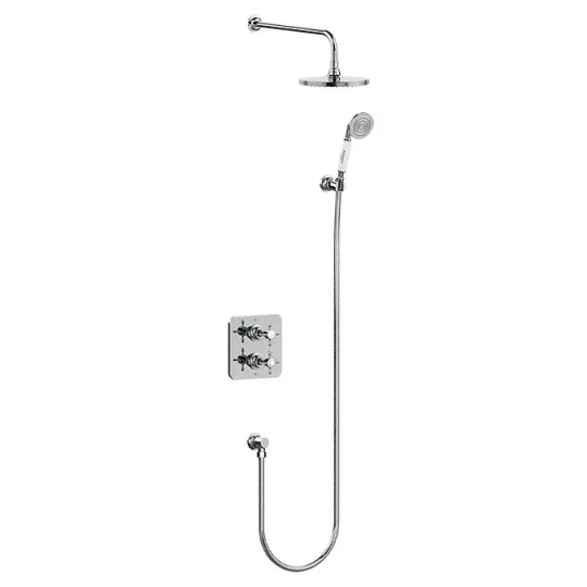 Burlington Guild Square Thermostatic Two Outlet Concealed Divertor Shower Valve Fixed Shower Arm & Head, Holder & Handset With Hose And Outlet Elbow Chrome product image - Image 1