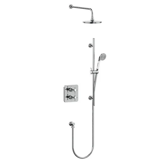 Burlington Guild Square Thermostatic Two Outlet Concealed Divertor Shower Valve Fixed Shower Arm & Head, Rail, Hose, Handset And Outlet Elbow Chrome product image - Image 1