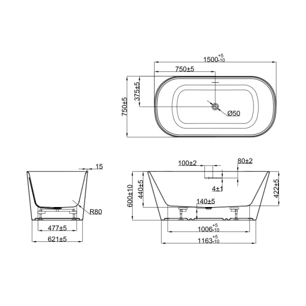 Crosswater Carne Free Standing Bath with Overflow and Waste 1500 x 750mm Gloss White