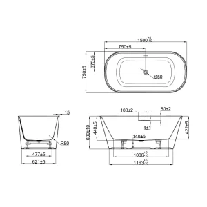 Crosswater Carne Free Standing Bath with Overflow and Waste 1500 x 750mm Gloss White