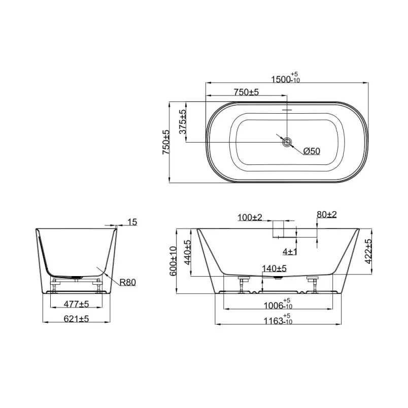 Crosswater Carne Free Standing Bath with Overflow and Waste 1500 x 750mm Gloss White product image - Image 1