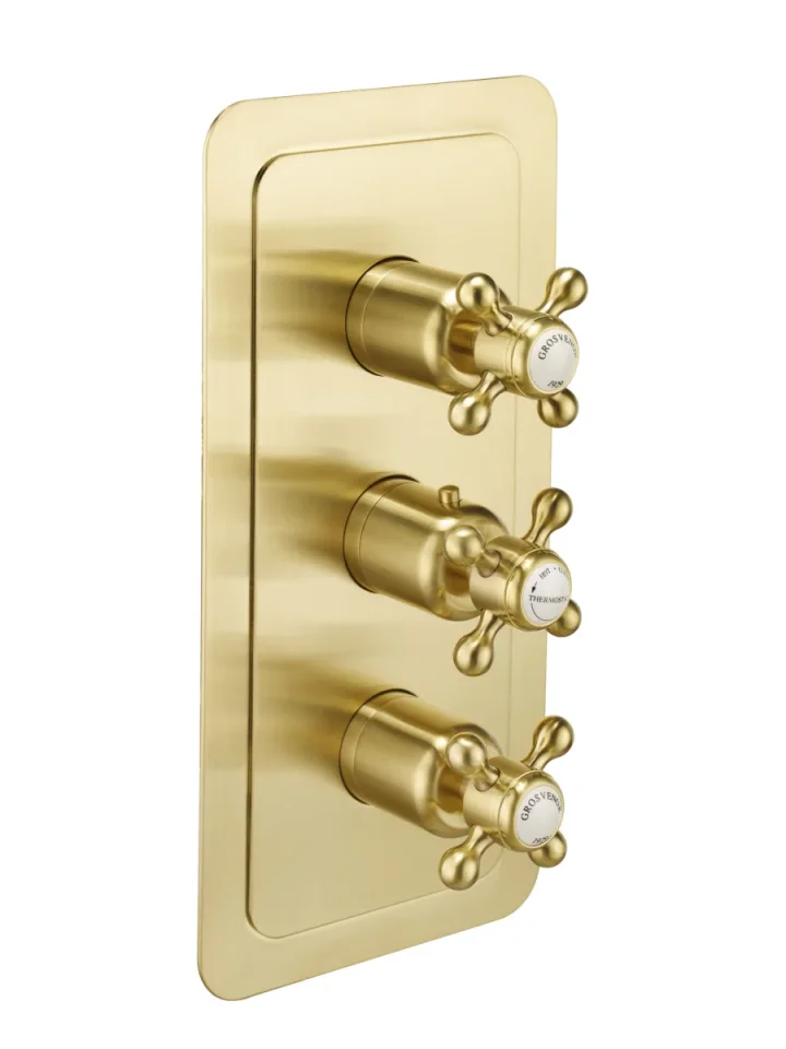 Just Taps Grosvenor Cross-concealed Thrmostatic 3 Outlet Valve Vertical Brushed Brass product image - Image 1