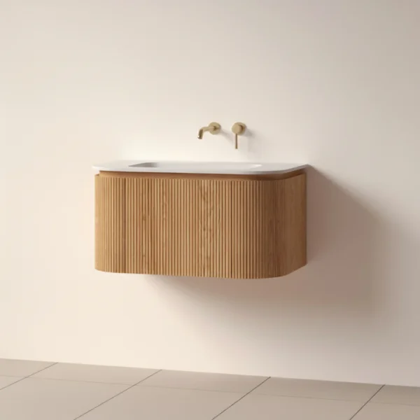 Faeber Lunar 3 Drawer Curved Fluted 800mm Vanity Unit Oak With Matt White Basin 0th