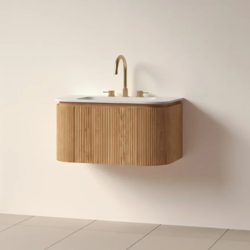 Faeber Lunar 3 Drawer Curved Fluted 800mm Vanity Unit Oak With Matt White Basin 3th (drilled On-site) product image - Image 1