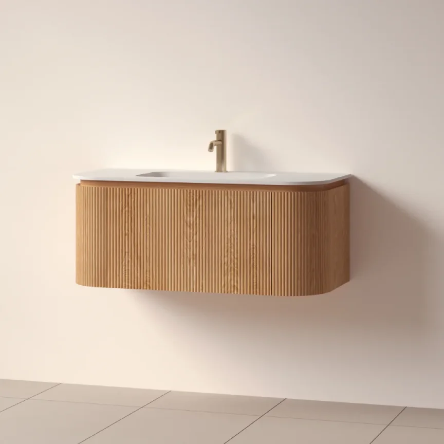Faeber Lunar 3 Drawer Curved Fluted 1000mm Vanity Unit Oak With Matt White Basin 1th (drilled On-site) product image - Image 1