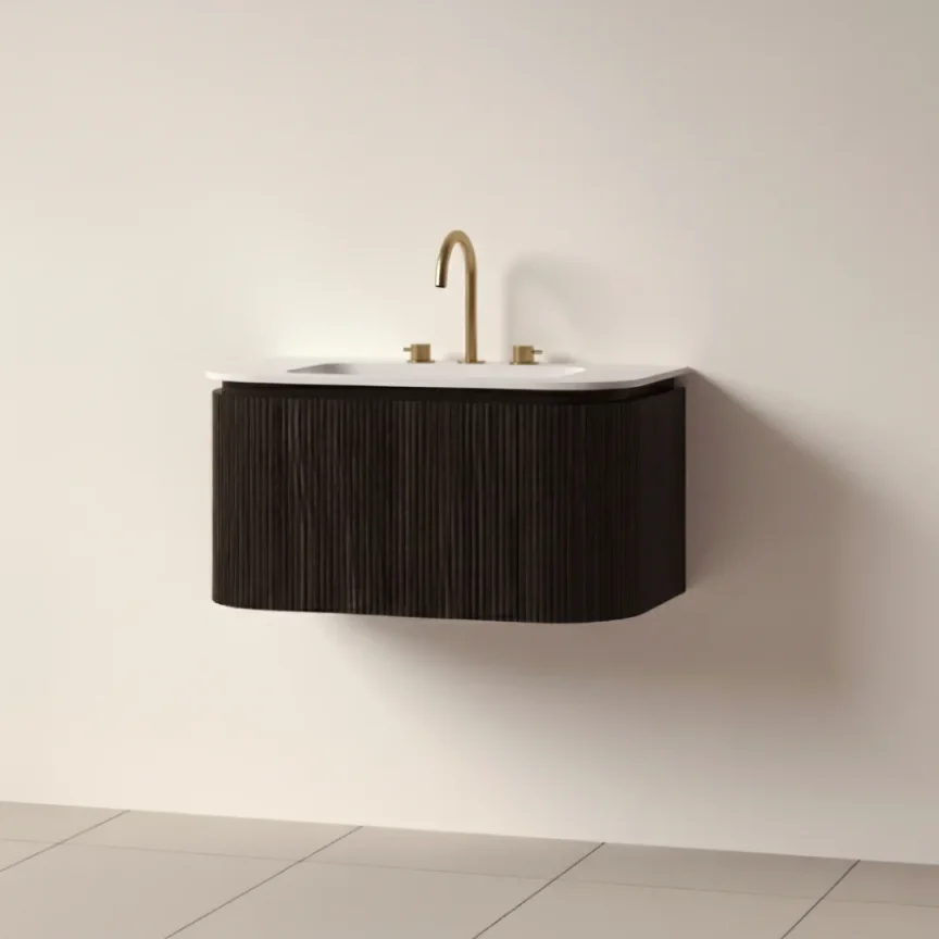 Faeber Lunar 3 Drawer Curved Fluted 800mm Vanity Unit Black Walnut With Matt White Basin 3th (drilled On-site) product image - Image 1