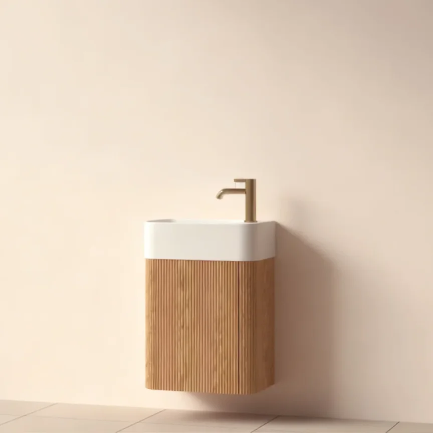 Faeber Lunar Cloakroom Curved Fluted 450mm Vanity Unit Oak - Right product image - Image 1