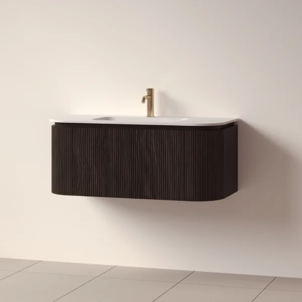 Faeber Lunar 3 Drawer Curved Fluted 1000mm Vanity Unit Black Walnut With Matt White Basin 1th (drilled On-site)