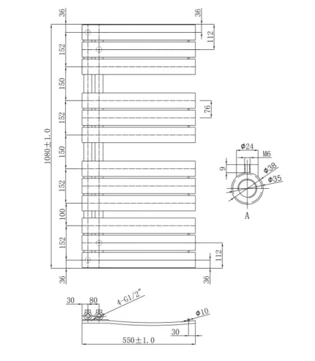 Just Taps Cleo Radiator Brushed Black 1080 X 550 technical drawing - Image 2