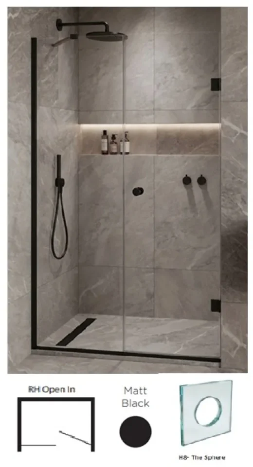 Showerlab View 03 Enclosures Door + Inline Panel Standard - Fixed Sizes Only 1670-1684mmx2000mm , Right Hand , Open IN , H8 - The Sphere (Round Cut Out) , Matt Black detail view - Image 2