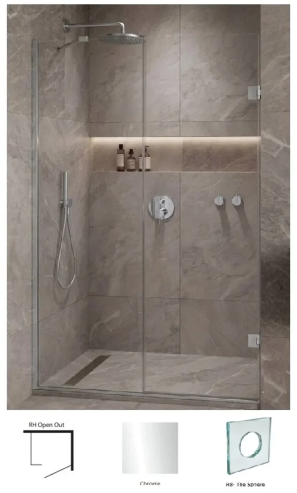 Showerlab View 03 Enclosures Door + Inline Panel Standard - Fixed Sizes Only 970-984mmx2000mm , Right Hand , Open OUT , H8 - The Sphere (Round Cut Out) , Chrome detail view - Image 2