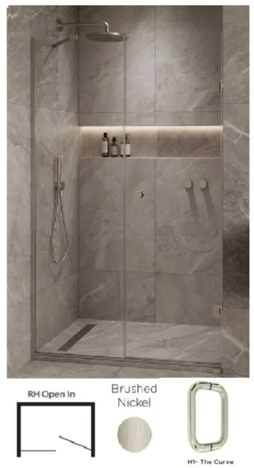 Showerlab View 03 Enclosures Door + Inline Panel Standard - Fixed Sizes Only 1270-1284mmx2000mm , Right Hand , Open IN , H1 - The Curve , Brushed Nickel detail view - Image 2