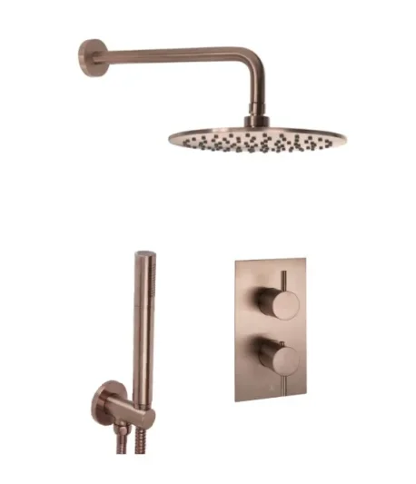 Just Taps Vos 2 Outlet Shower Valve, Arm 400mm, Overhead Shower 200mm, Round Water Outlet - Brushed Bronze product image - Image 1