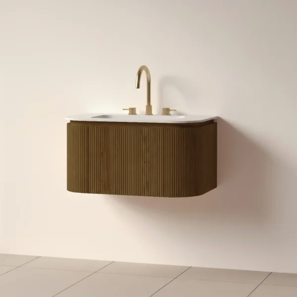 Faeber Lunar 3 Drawer Curved Fluted 800mm Vanity Unit Walnut With Matt White Basin 3th (drilled On-site)
