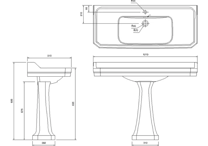 Burlington Edwardian 120cm Basin 1th technical drawing - Image 2