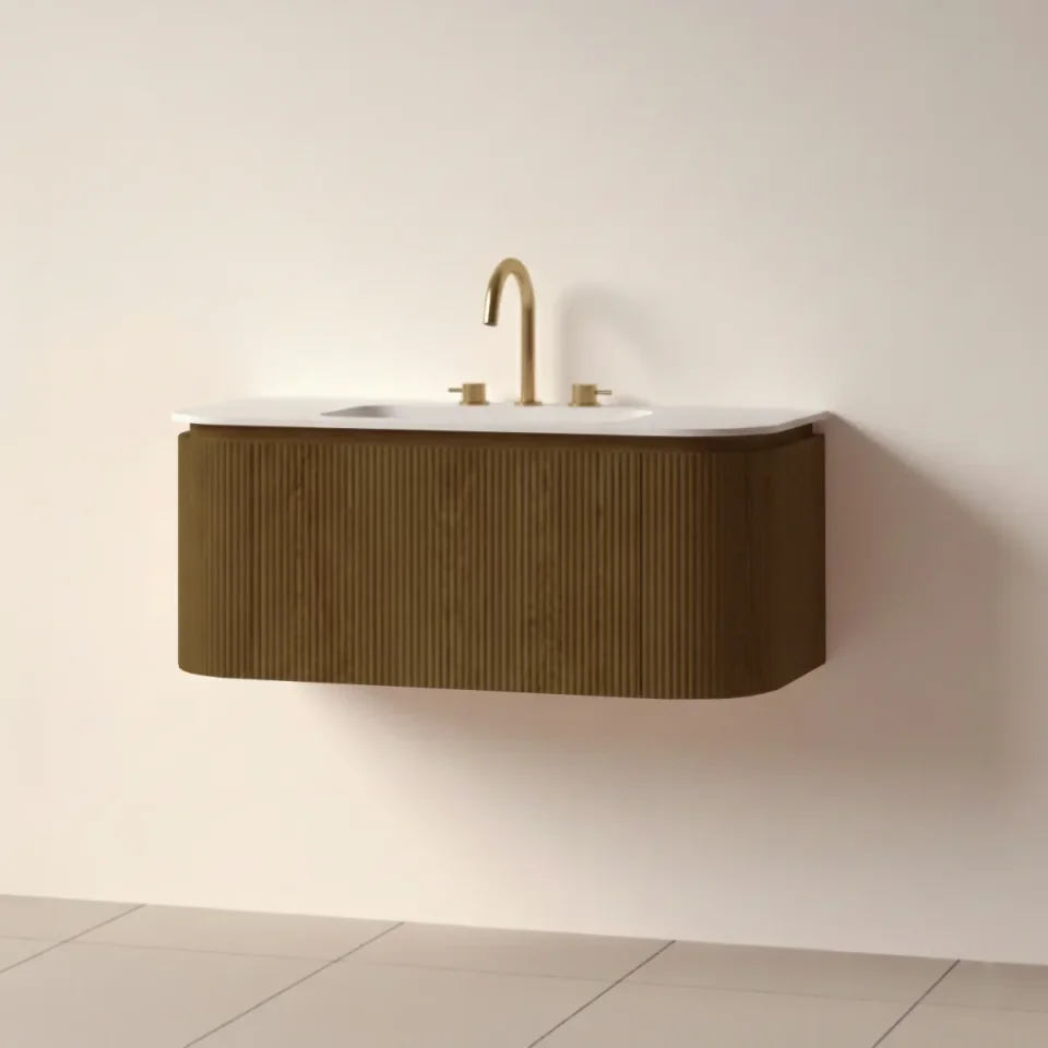 Faeber Lunar 3 Drawer Curved Fluted 1000mm Vanity Unit Walnut With Matt White Basin 3th (drilled On-site) product image - Image 1