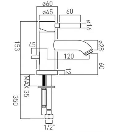 Vado Nuance Mono Basin Mixer Single Lever Deck Mounted With Pop-up Waste With Black Handle technical drawing - Image 2