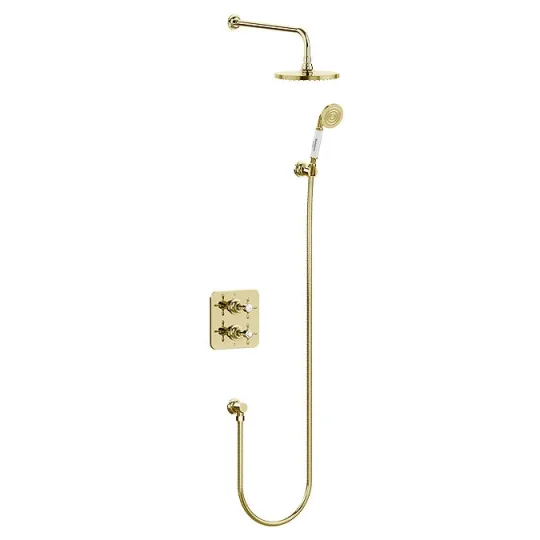 Burlington Guild Square Thermostatic Two Outlet Concealed Divertor Shower Valve Fixed Shower Arm & Head Holder & Handset With Hose And Outlet Elbow Gold product image - Image 1
