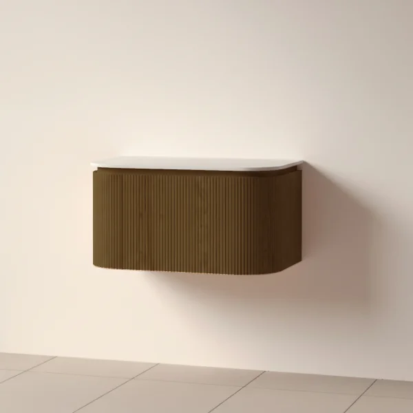 Faeber Lunar 3 Drawer Curved Fluted 800mm Vanity Unit Walnut With Matt White Countertop