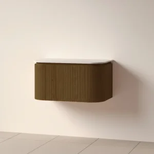 Faeber Lunar 3 Drawer Curved Fluted 800mm Vanity Unit Walnut With Matt White Countertop