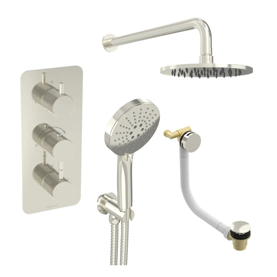 Saneux Cos 3 Way Shower Kit - W/ 3 Function Handset & Bath Filler & Shower Head - Knurled - Brushed Nickel product image - Image 2