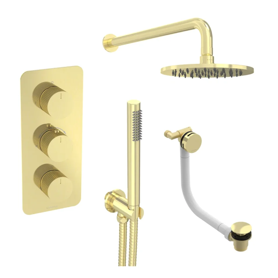 Saneux Cos 3 Way Shower Kit - W/ Slim Handset & Bath Filler & Shower Head - Fluted - Brushed Brass product image - Image 2