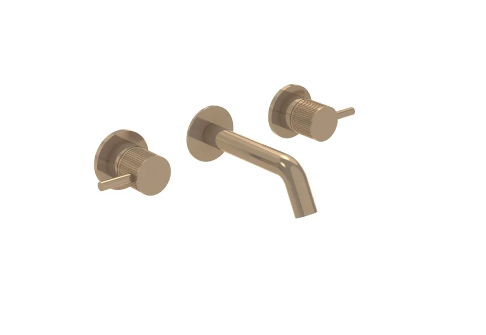 Saneux Cos 3 Tap Hole Wall Mounted Basin Mixer Kit - W/ Short Spout (130mm) W/ Fluted Handle - Brushed Bronze (pvd) product image - Image 2