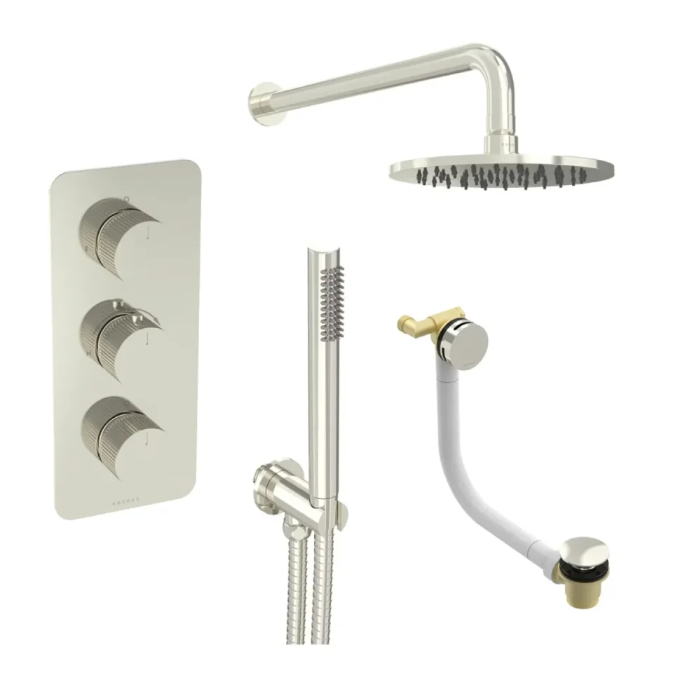 Saneux Cos 3 Way Shower Kit - W/ Slim Handset & Bath Filler & Shower Head - Fluted - Brushed Nickel product image - Image 2