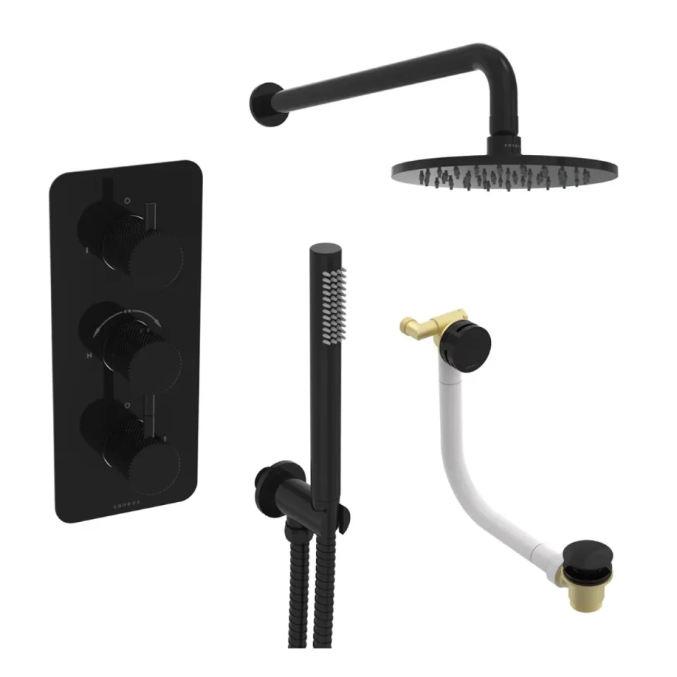 Saneux Cos 3 Way Shower Kit - W/ Slim Handset & Bath Filler & Shower Head - Knurled - Satin Black product image - Image 2