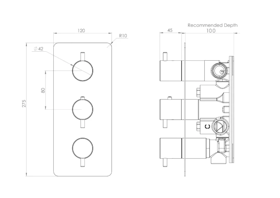 Saneux Cos 3 Way Thermostatic Shower Valve Kit - W/ Classic Handle - Portrait - Brushed Brass (pvd) detail view - Image 3