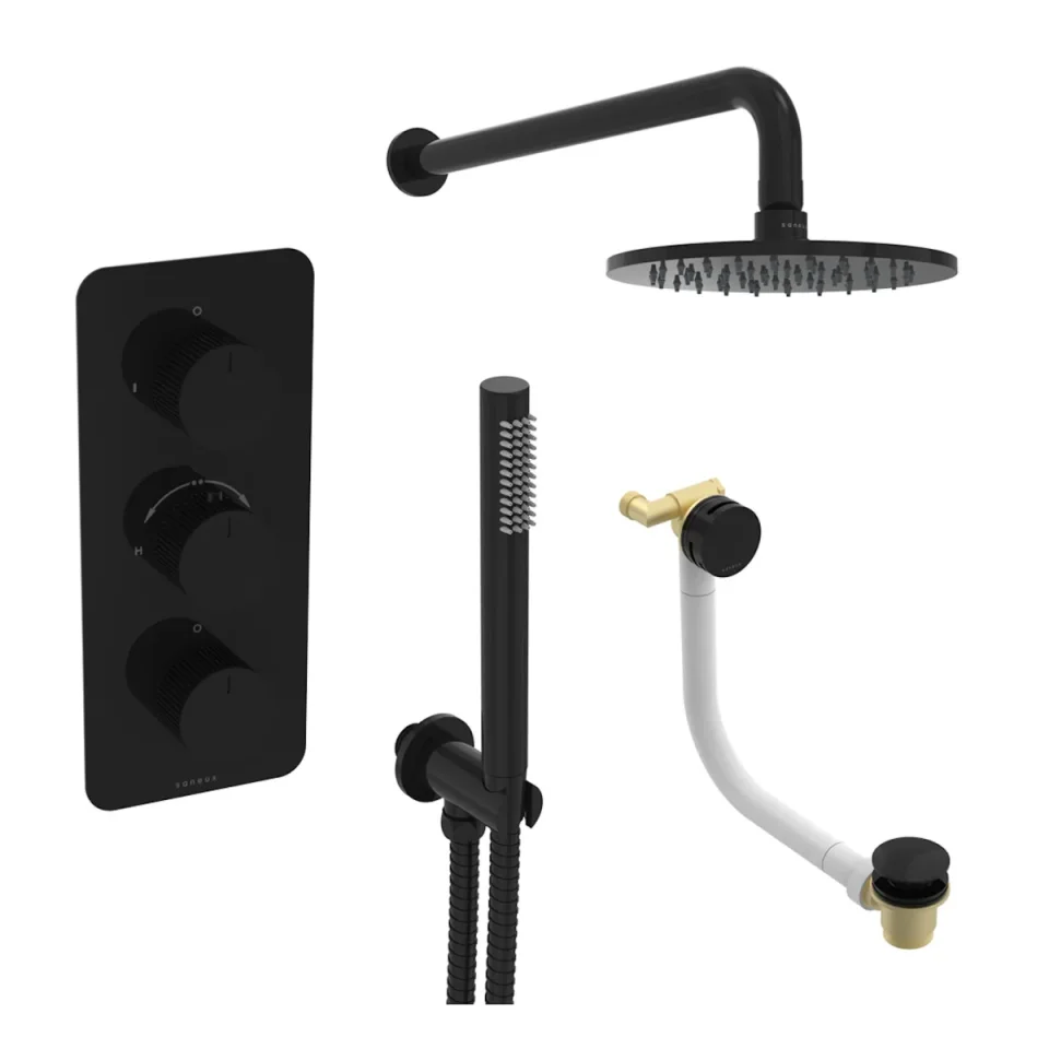 Saneux Cos 3 Way Shower Kit - W/ Slim Handset & Bath Filler & Shower Head - Fluted - Satin Black product image - Image 2