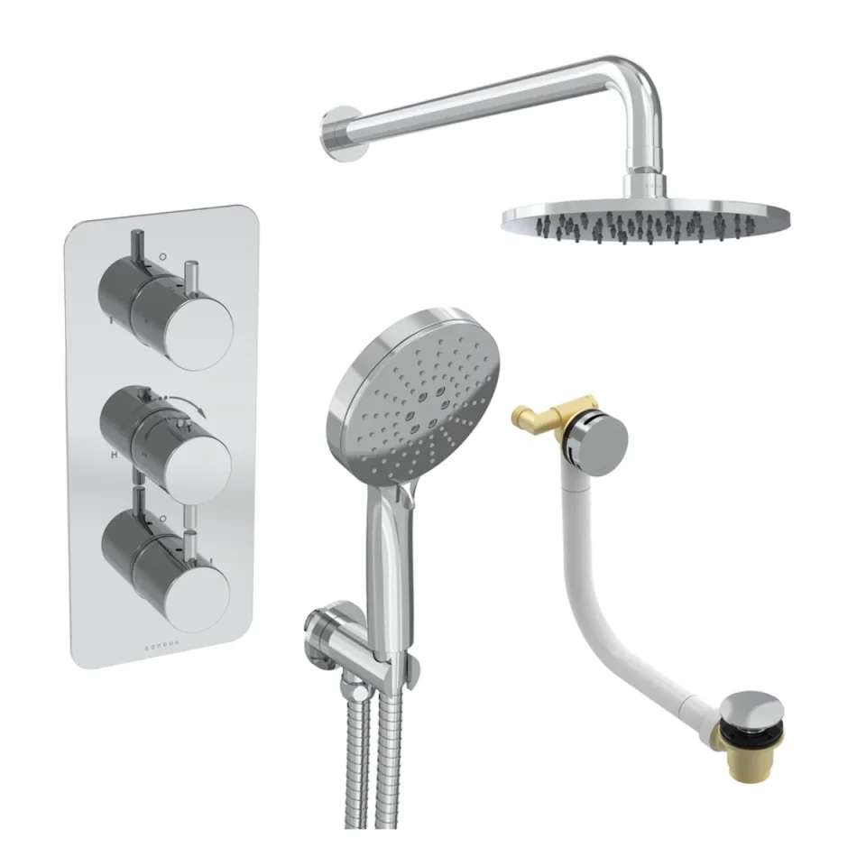 Saneux Cos 3 Way Shower Kit - W/ 3 Function Handset & Bath Filler & Shower Head - Fluted - Chrome product image - Image 2