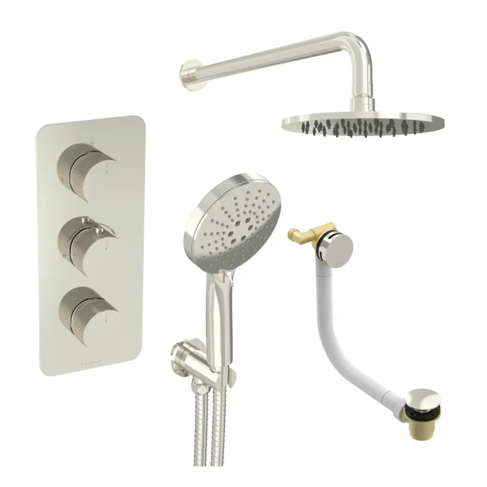 Saneux Cos 3 Way Shower Kit - W/ 3 Function Handset & Bath Filler & Shower Head - Fluted - Brushed Nickel product image - Image 2
