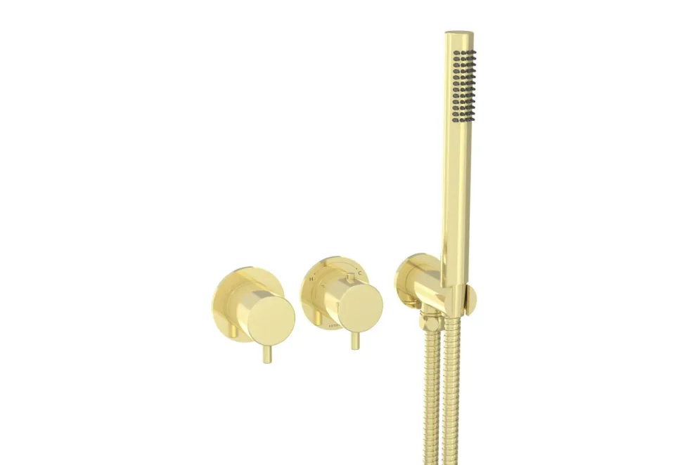 Saneux Cos 2 Way Thermostatic Shower Ring Valve Kit - W/ Classic Handle & Handset - Portrait & Landscape - Brushed Brass product image - Image 2